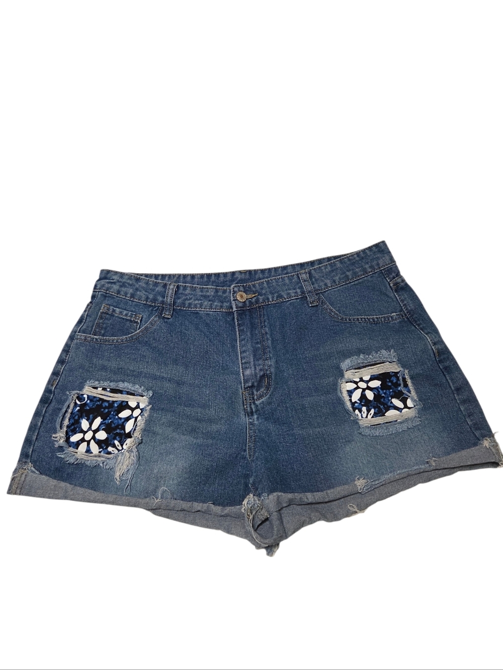 Women's Distressed Cut-Off Floral Denim Shorts Cuffed Size 2XL ~ Pre-Owned